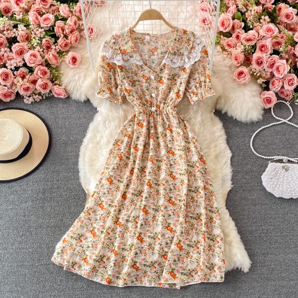 Summer New Fresh Gentle Elegant Style Tight Waist Slimming A- line Skirt Doll Collar Floral Dress - Image 3