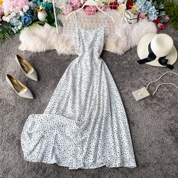 Wine red strap dress wave point beach dress backless cultivate one's morality super fairy posed dress seaside resort - Image 3