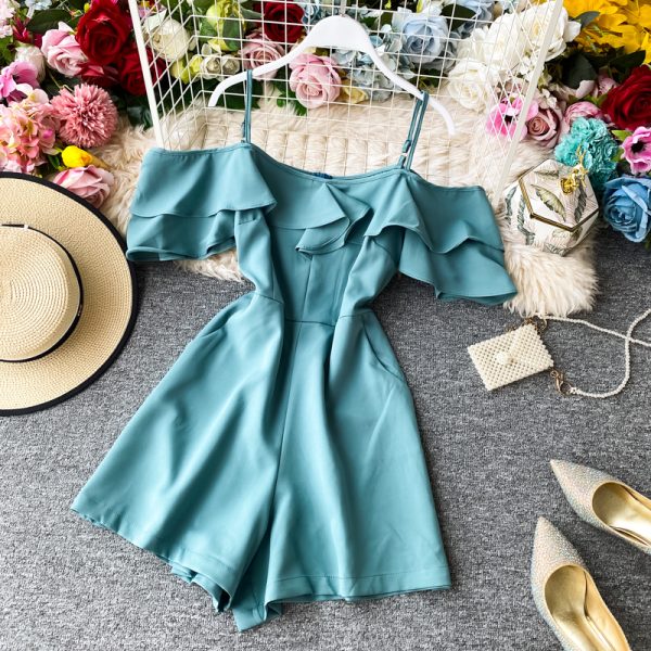 Off-the-Shoulder Strap Jumpsuit Summer New Super Fairy Ruffled off-the-Neck Wide-Leg Shorts Jumpsuit Women's Clothing - Image 2