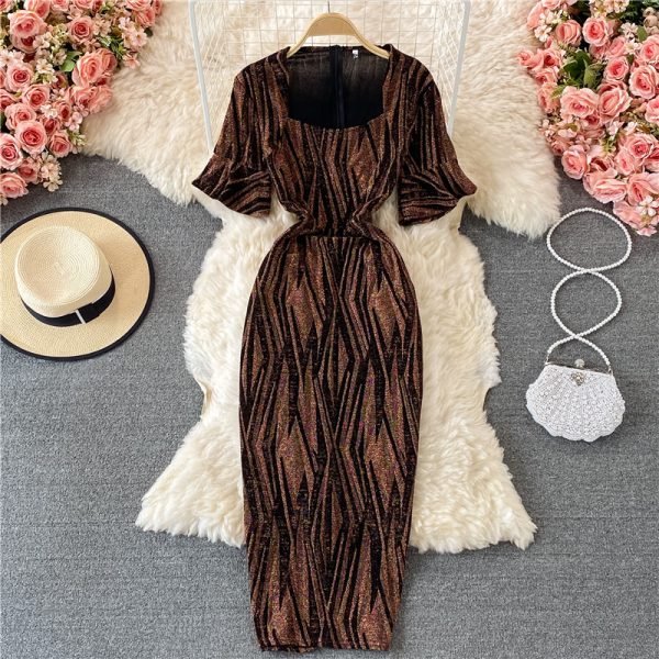 Fashion Ladies' Evening Dress Summer New Temperament Square Collar Bright Silk Slim Fit Slimming Slit Sheath Dress - Image 4