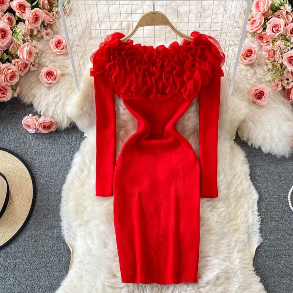 Three-Dimensional Flower off-Shoulder Long Sleeve Bottoming Sweater Hip Skirt Autumn and Winter Tight Stretch Knitted Dress - Image 3