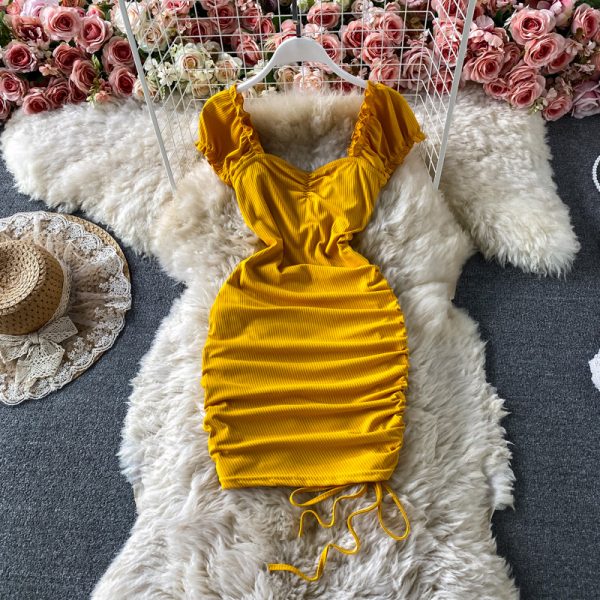 Tall waist square collar dress summer brim draw string cultivate one's morality show thin package buttocks short skirts