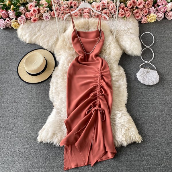 Fashion sexy annual open fork cultivate one's morality show thin dress summer backless smoked rope sling women dress