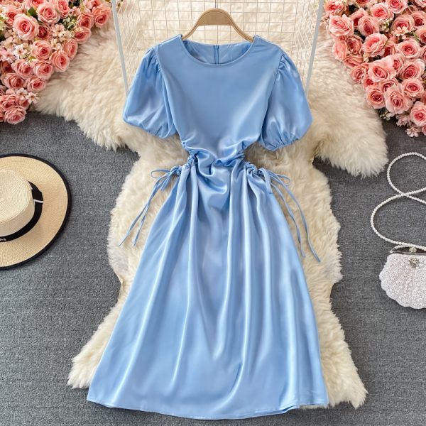 Round neck high waist puff sleeve satin dress female summer French light mature wind waist hollow open waist mid-length skirt - Image 3
