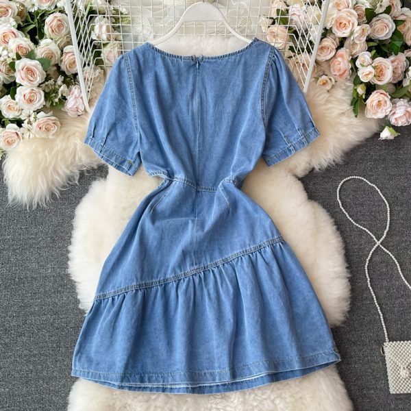 Summer Korean Style Ins Retro Hollow-out Midriff Denim Dress Women's Tight Waist Square Collar Ruffled A- line Skirt Short Skirt - Image 5