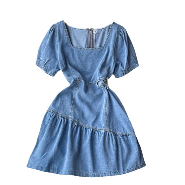 Summer Korean Style Ins Retro Hollow-out Midriff Denim Dress Women's Tight Waist Square Collar Ruffled A- line Skirt Short Skirt - Image 6