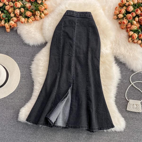 Denim High Waist Slit Skirt Women's A- line Skirt Ruffled Mid-Length below the Knee Slim Fit Slimming Fishtail Hip Skirt - Image 3