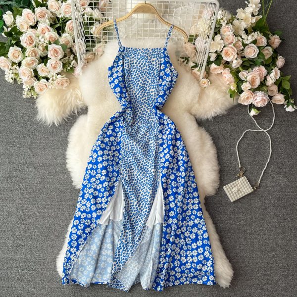 French Style Vintage Floral Split Sling Dress Bohemian Sanya Seaside Holiday Beach Dress Large Swing Dress - Image 2