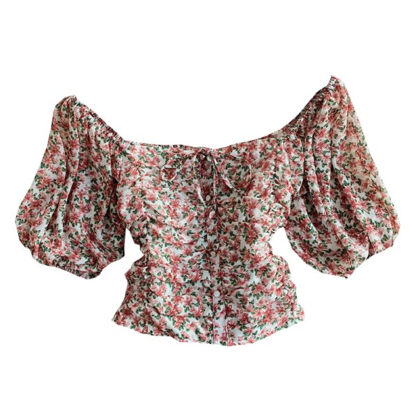 Women's Floral Chiffon Shirt Summer Fashionable Square Collar Puff Sleeve Pleated Slim-Fit Short Exposed Navel Heather Top - Image 6