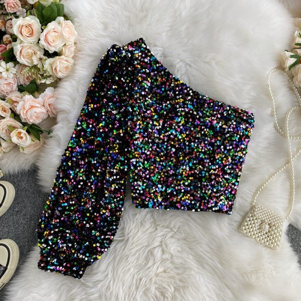 Sexy Scheming Oblique Collar Strapless One Side Sleeve Slim All-match Short Sparkling Sequined T-Shirt - Image 2