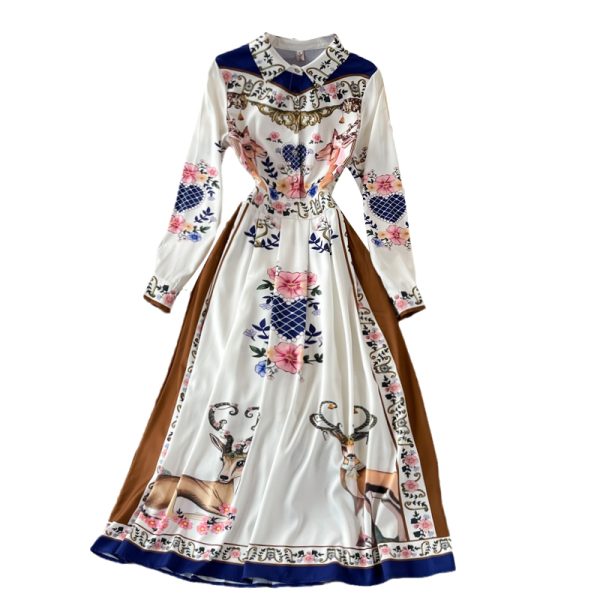 European and American style spring new retro court ladies temperament printing lapel long sleeve elegant big swing dress - Image 6