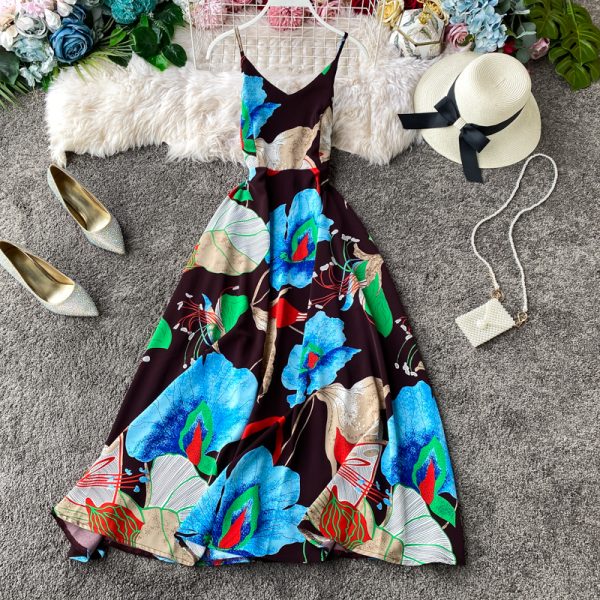 Seaside Vacation Style Chiffon Dress Women's Floral V-neck Beach Dress Sleeveless Swing Seaside Vacation Long Dress - Image 2