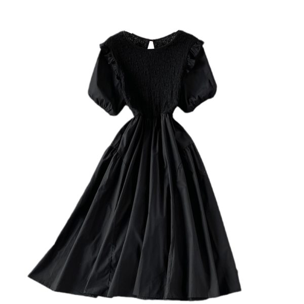 French Style Black round Neck Dress Summer Women's Fashion Puff Sleeve Ruffled Waist-Tight Hong Kong Style Mid-Length Skirt - Image 6
