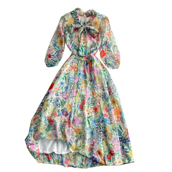 Ladies Elegant Big Hem Long Dress Spring and Autumn New Women's Vintage Printed Super Fairy Bow Floral Chiffon Dress - Image 7