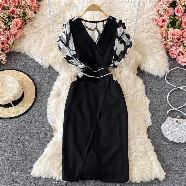 V-neck Temperament Printed Chiffon Dress for Women Summer New Waist Slimming Women's Split Skirt - Image 4