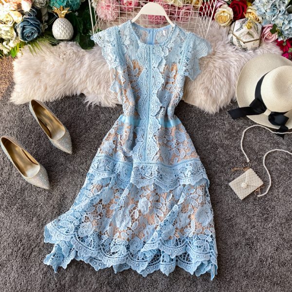 European Goods French Irregular Fairy Dress Fan-Shaped Skirt Flying Sleeves Ruffled Slim-Fit Women's Lace Dress