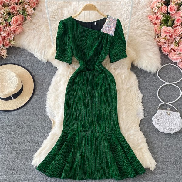 Elegant Bright Silk Shiny Slim Fishtail Sheath Dress Summer New Women's Slim Fit Slimming Diagonal Collar Dress