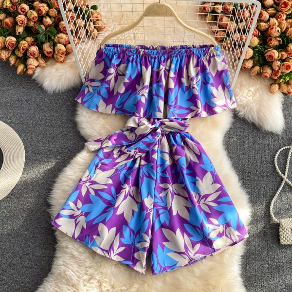 Off-Neck Bohemian Printed Ruffled Bandeau One-Shoulder Loose Casual Vacation Jumpsuit Wide Leg Shorts for Women - Image 5