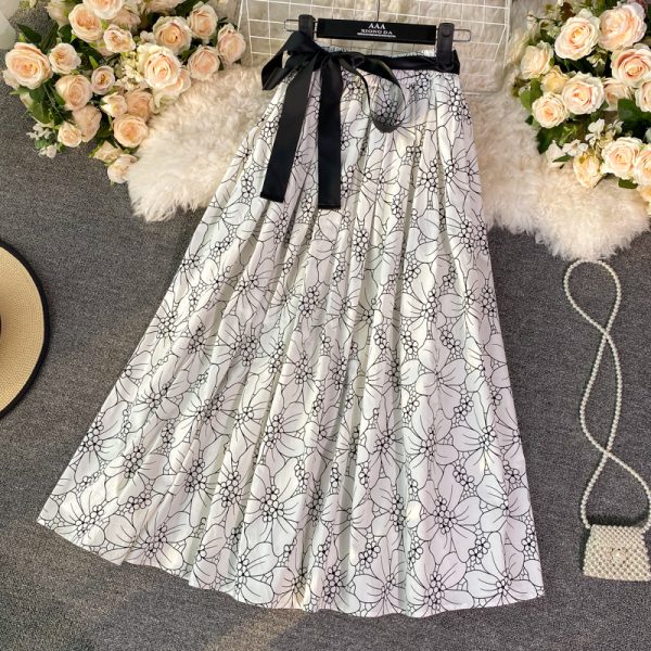 Lace-up Bow Waist A- line Skirt Spring New Women's Mid-Length over-the-Knee Floral Skirt Umbrella Skirt Long Skirt - Image 2