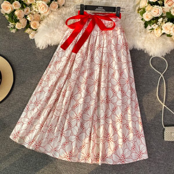 Lace-up Bow Waist A- line Skirt Spring New Women's Mid-Length over-the-Knee Floral Skirt Umbrella Skirt Long Skirt - Image 5