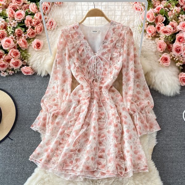 Long Sleeve Ruffled V-neck Dress Autumn New French Style Gentle Fairy Lady Super Fairy Mori Style Mid-Length A- line Dress - Image 4