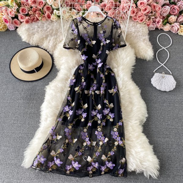 French Style Hepburn Style Long Dress Summer New Bow Collar Short Sleeve Slimming Embroidered Flower Dress Short Sleeve - Image 2