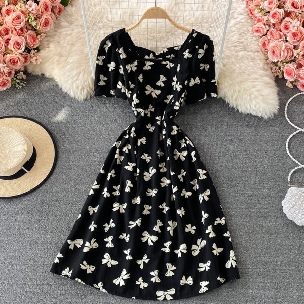 French Style Puff Sleeve Waist Dress Summer New Gentle Retro Square Collar Temperament Fairy Skirt Short Sleeve - Image 3