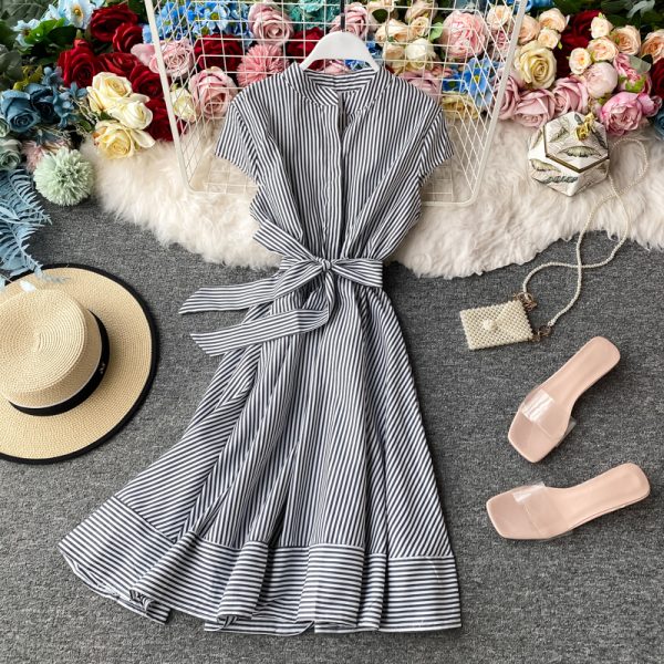 French Retro Red Striped Lightly Mature Dress Short Sleeve Women's Summer Small Waist Slimming Temperament Short Skirt - Image 3