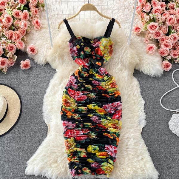 Summer Retro Women's Slip Dress Stretch Slim Fit Mesh Floral Print Tube Top Package Hip Long Dress - Image 2