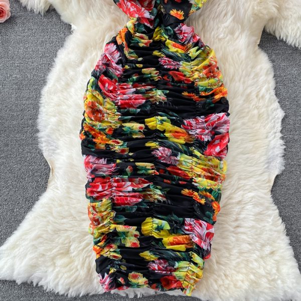Summer Retro Women's Slip Dress Stretch Slim Fit Mesh Floral Print Tube Top Package Hip Long Dress - Image 4