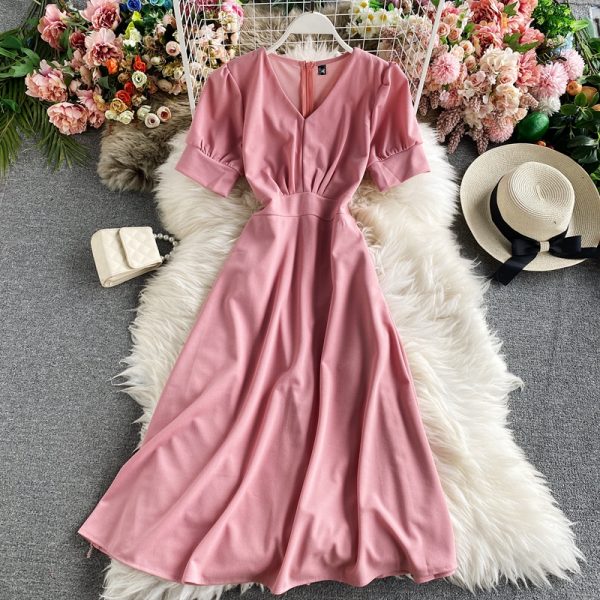 French Style V-neck Puff Sleeve Dress New Fashion Pleated Waist Tight Slimming Retro over the Knee Graceful Long Expansion Skirt - Image 3