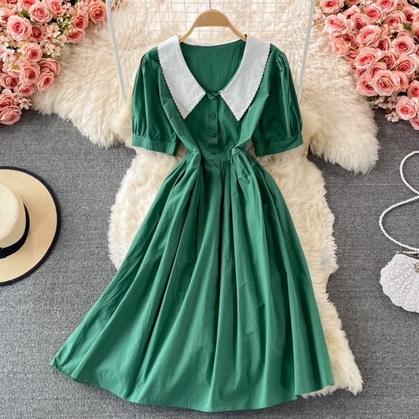 Summer New Korean Style Elegant Doll Collar Tight Waist Slimming Dress Women's Bubble Sleeve Mid-Length A- line Dress